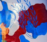 Blue Bird.Affresco con uccello azzurro raffigurato in paesaggio con rocce, rose selvatiche e iris.